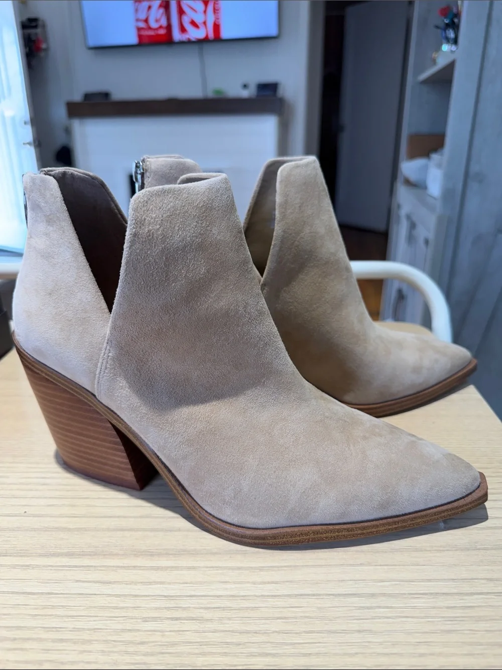 Vince Camuto Suede Pointed-Toe Ankle Booties — Light Taupe