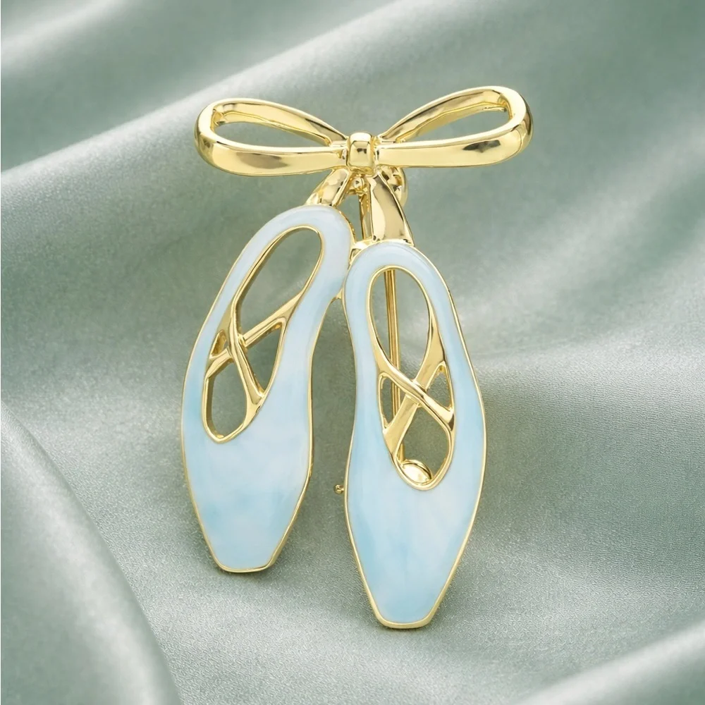 Blue Ballet Slippers Gold Brooch