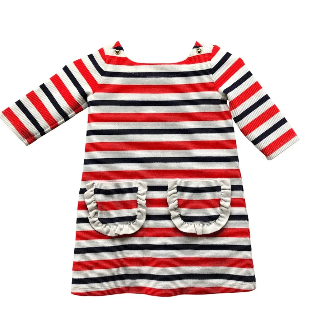 Janie and Jack Striped Knit Dress Girls 4T Red Navy White Nautical Ruffle Casual