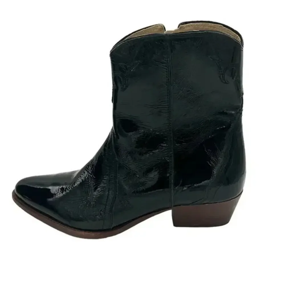 Free People New Frontier Western Boot Ankle Black Patent Leather Side Zip 40 9.5