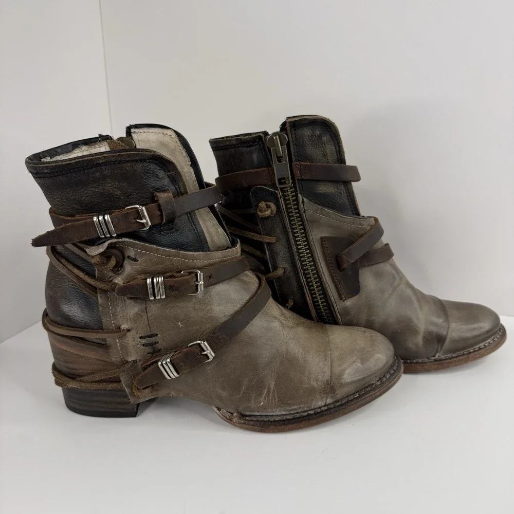 Vintage Freebird by Steven Women's Green Leather Strap Boots Size 9 Womens Boho