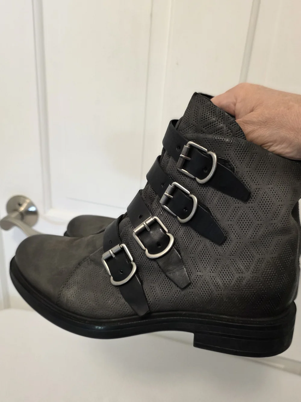 Miz Mooz Charcoal Grey Leather  Buckle Ankle Accent Zip Boots Size 40/9, Biker,