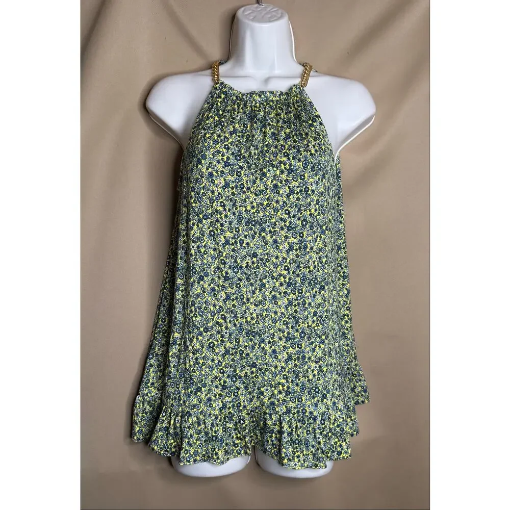 Michael Kors Yellow and Blue Floral Gold Chain Halter Swing Top S NWOT