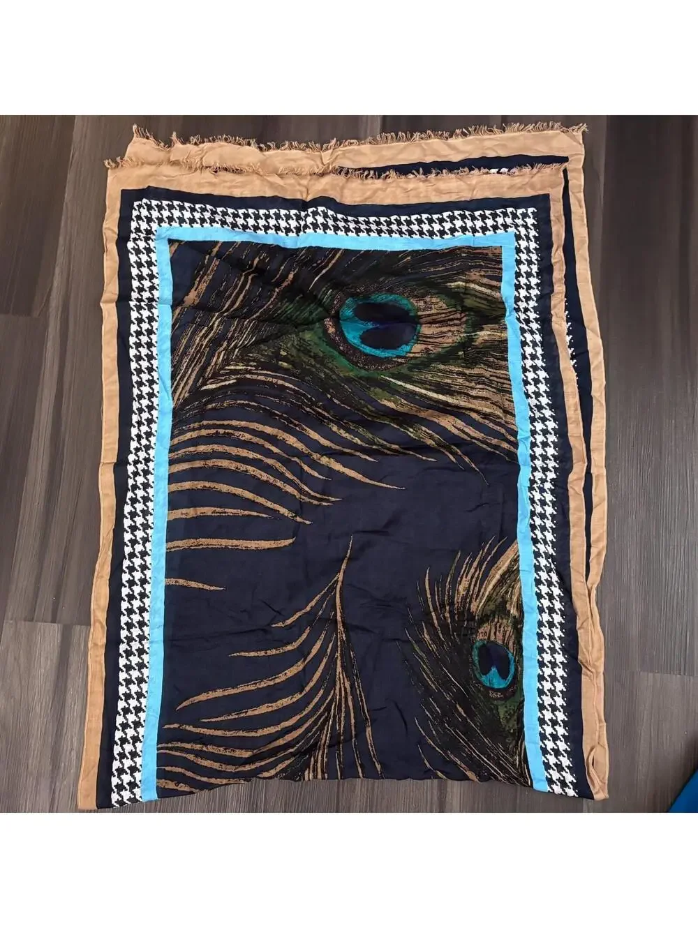 Talbots Peacock Feather Print Lightweight Scarf Wrap With Houndstooth Border