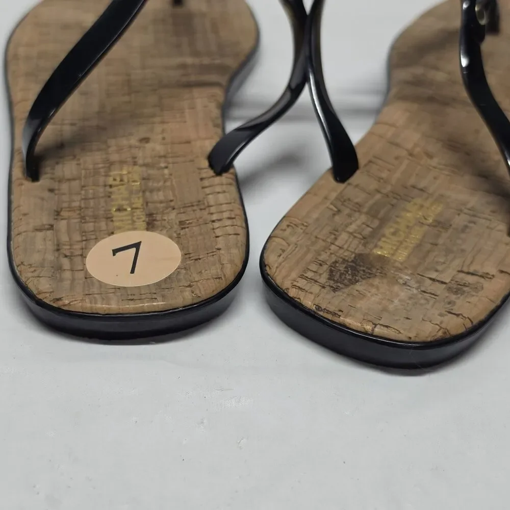 Michael Kors Women's 7 Black Jelly Thong T strap Sandals Gold Logo Cork Insoles