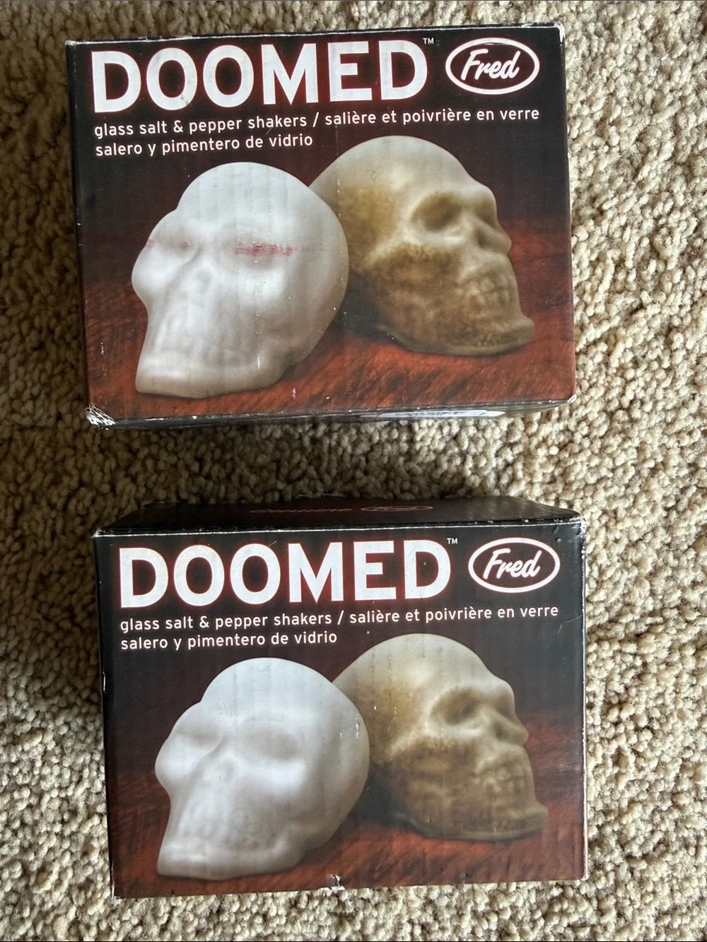 Fred DOOMED Skull Salt & Pepper Shakers — White Glass