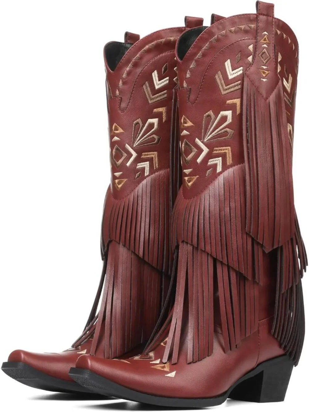 Women's Wine Red Cowgirl Knee High Fringe Boots Rubber Fleece Microfiber