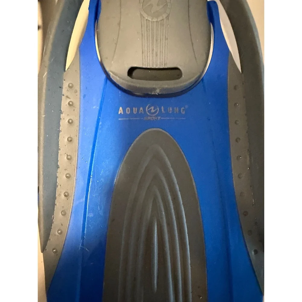 Aqua Lung Sport Snorkel Fins Blue Grey Adjustable Open Heel L/XL with Mesh Bag
