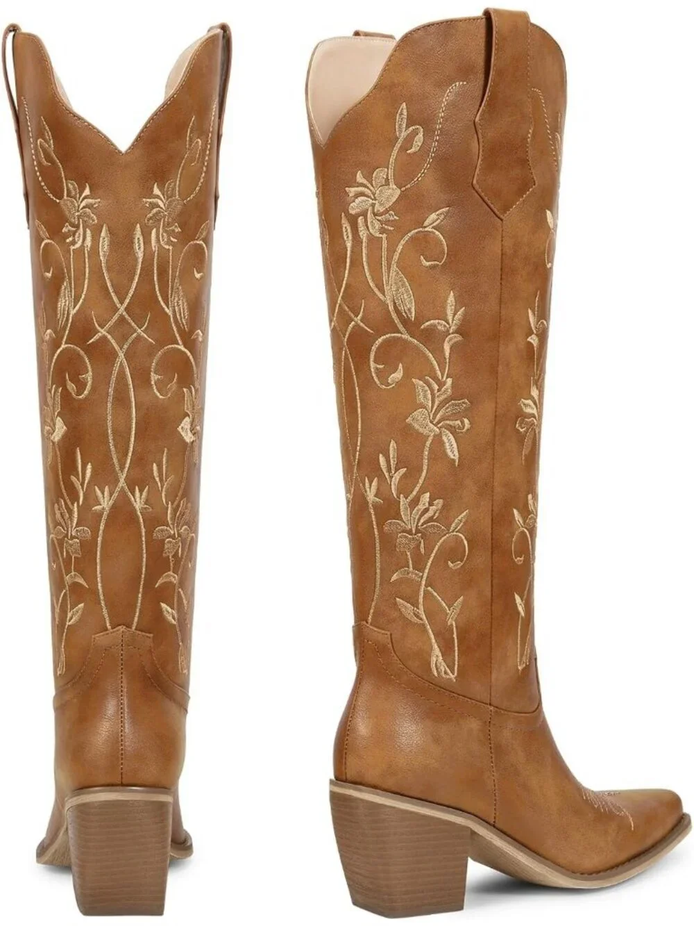 Women's Classic Brown Cowboy Knee High Cowgirl Boots Pointed Toe Chunky Heels