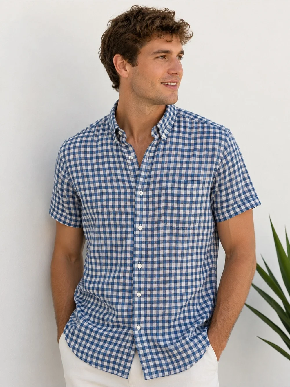 Banana Republic Linen Blue and White Gingham Short-Sleeve Button-Down Shirt