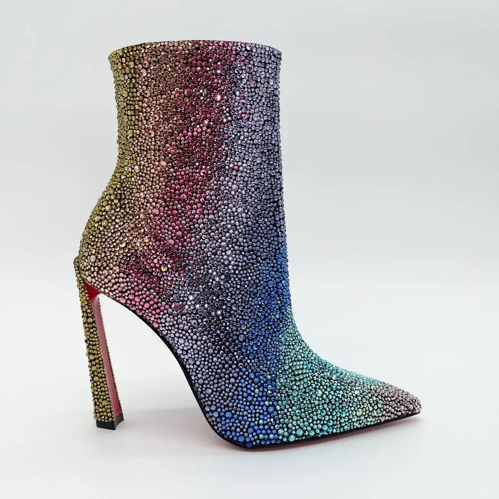 New Christian Louboutin Condora Strass Rainbow Crystal Heeled Ankle Boots EU 36