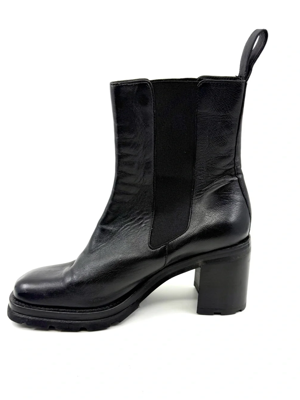 BY FAR Black Leather Chunky Heel Chelsea Ankle Boots