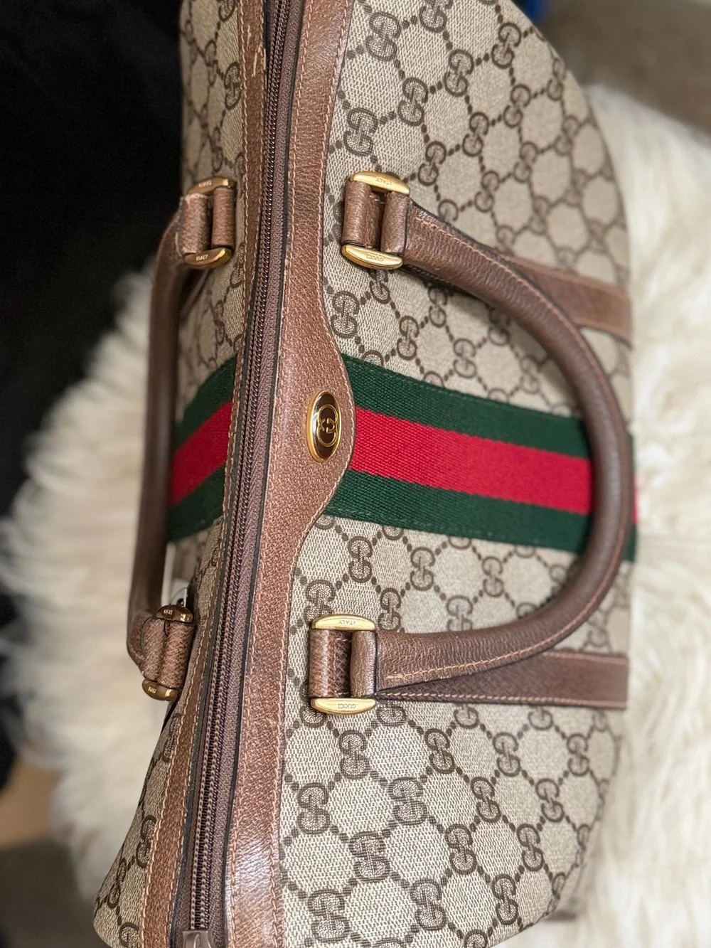 Gucci Brown GG Canvas Tote with Green and Red Stripe