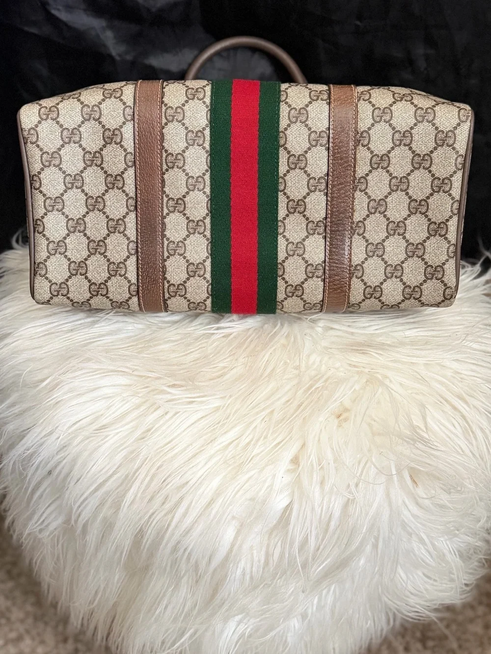 Gucci Brown GG Canvas Tote with Green and Red Stripe