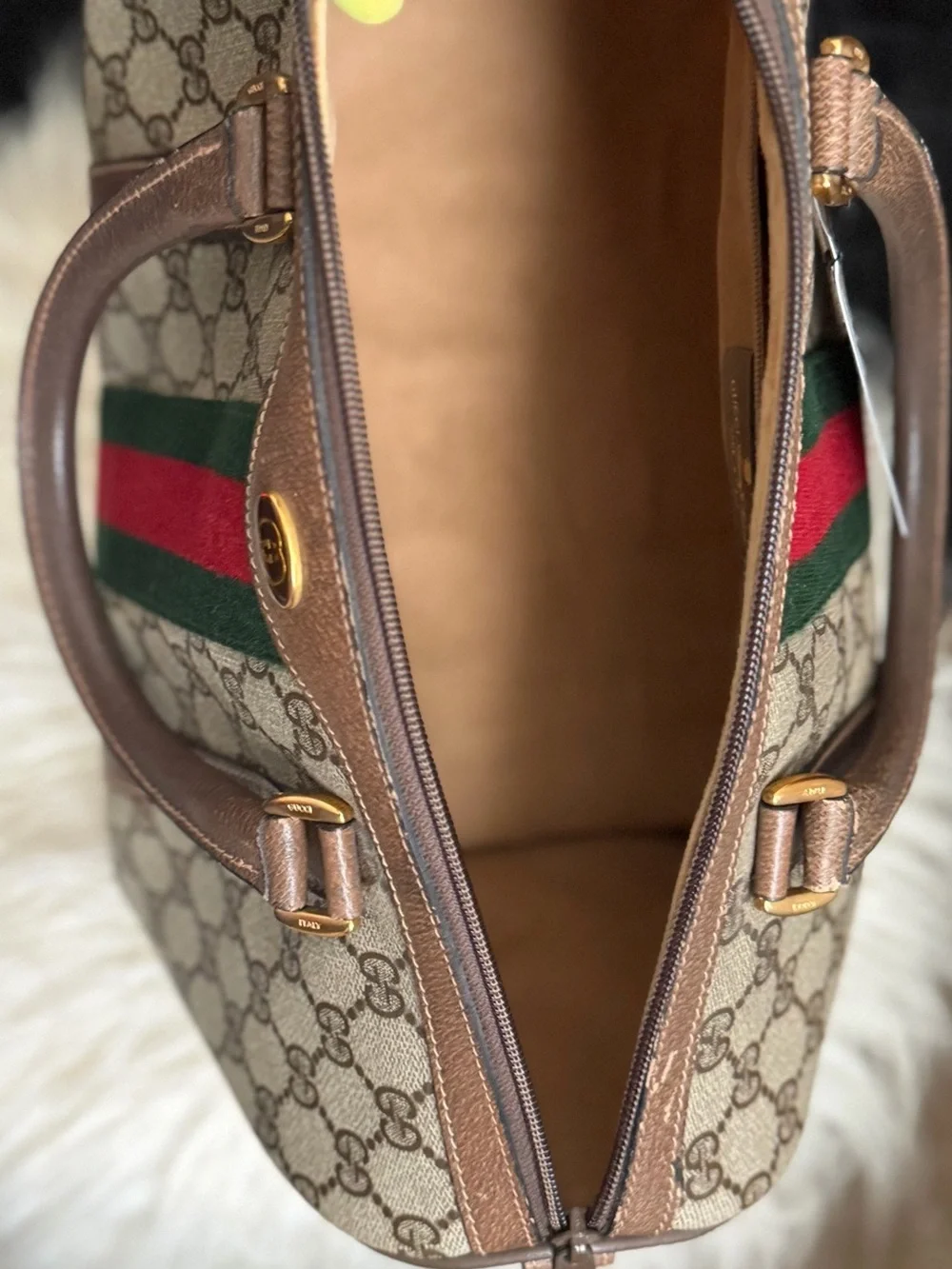 Gucci Brown GG Canvas Tote with Green and Red Stripe