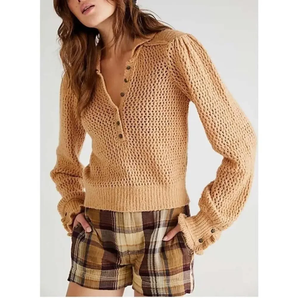 Free People Care FP Snowdrift Pullover Sweater in Camel Heather Size Small