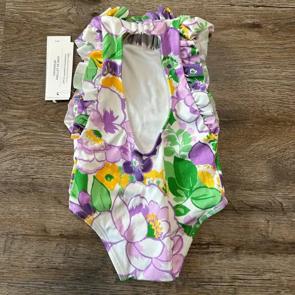 Janie and Jack Girls 6-12 Months Floral Swimsuit One Piece Ruffle Swim Purple