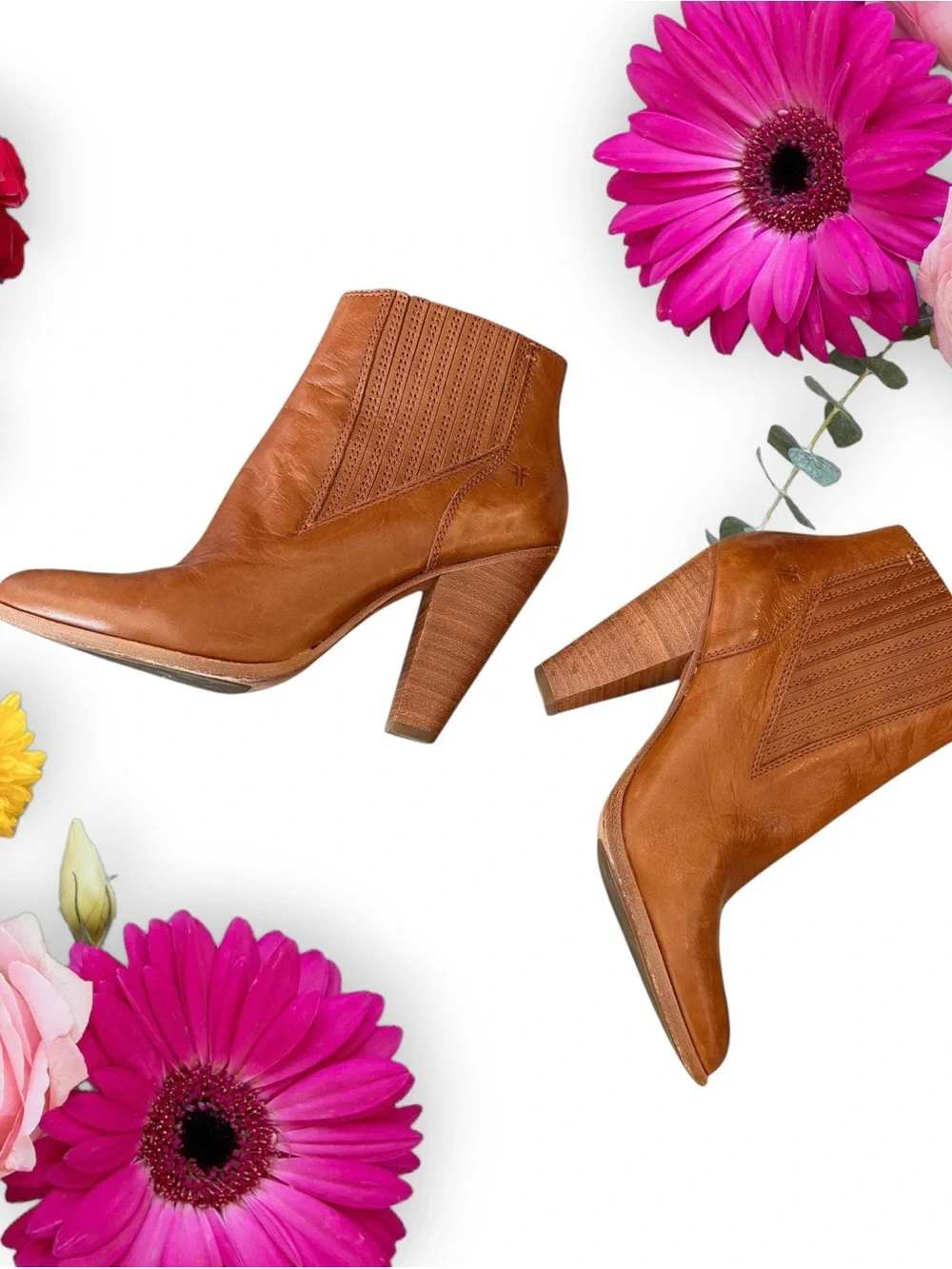 Frye Remy Chelsea Leather Boot.  Cognac Leather Ankle Booties with Stacked Heel