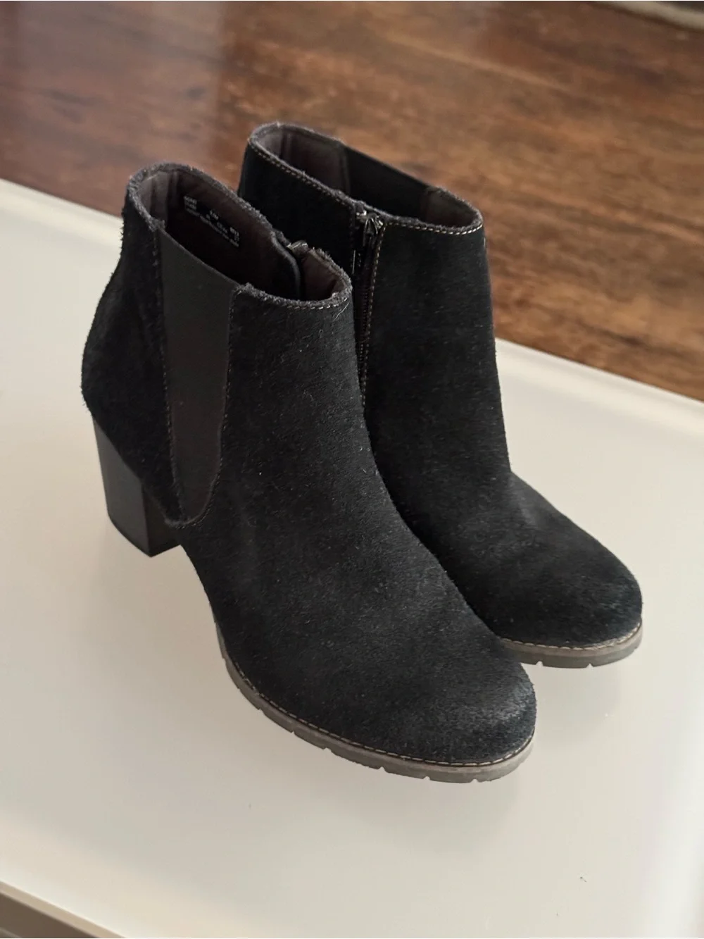 Clarks Black Suede Ankle Booties with Block Heel