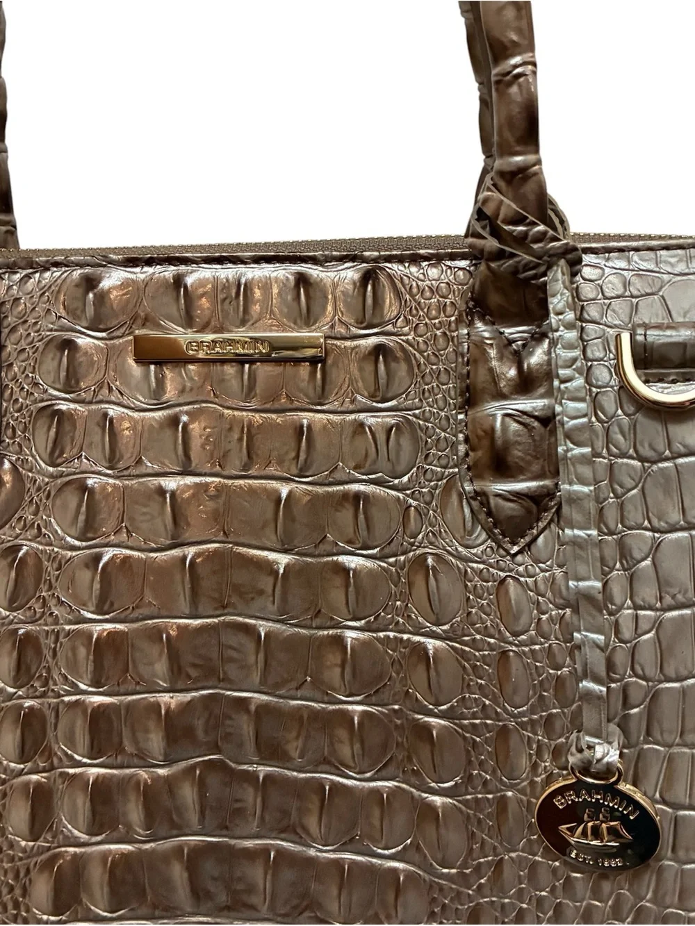 Brahmin Caroline Silver Lining Melbourne Embossed Leather Satchel Tote Bag