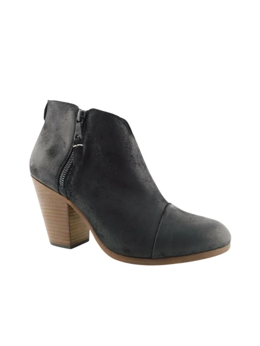 New RAG & BONE Black Leather Cap Toe Block Heel Double Zipper Booties 38.5