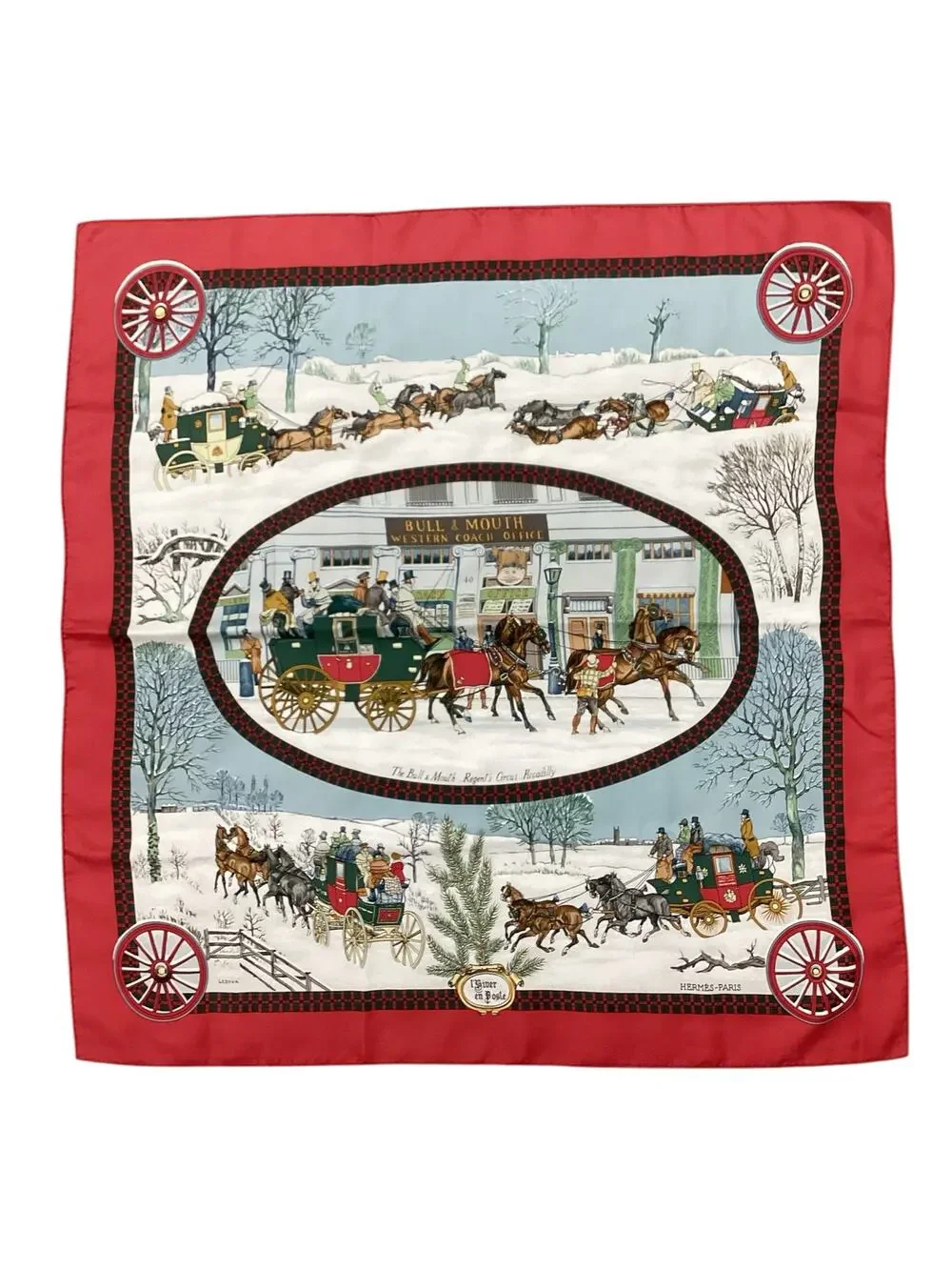 Hermes Scarf Women’s One Size Big Square Coach &Horses &Winer Motif Red &Colors
