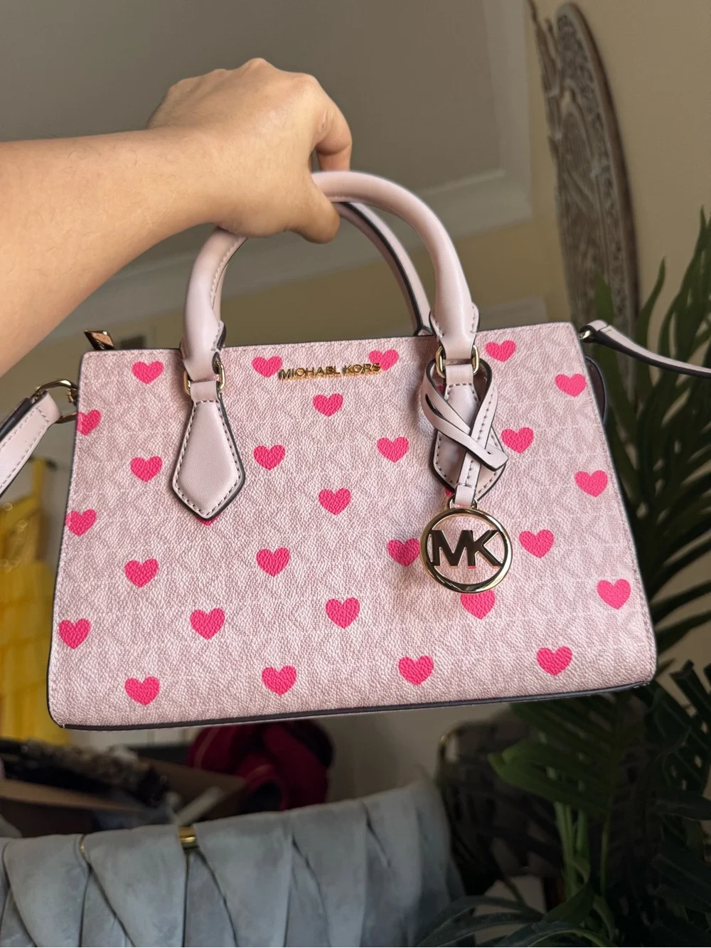 Michael Kors Pink Heart-Print Satchel with Gold MK Charm