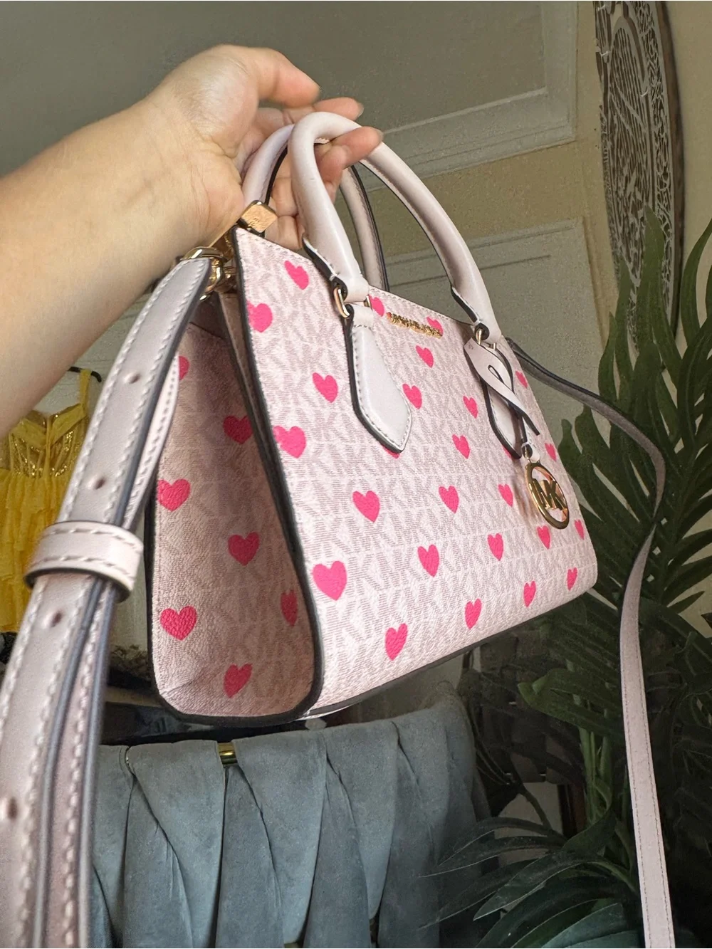 Michael Kors Pink Heart-Print Satchel with Gold MK Charm
