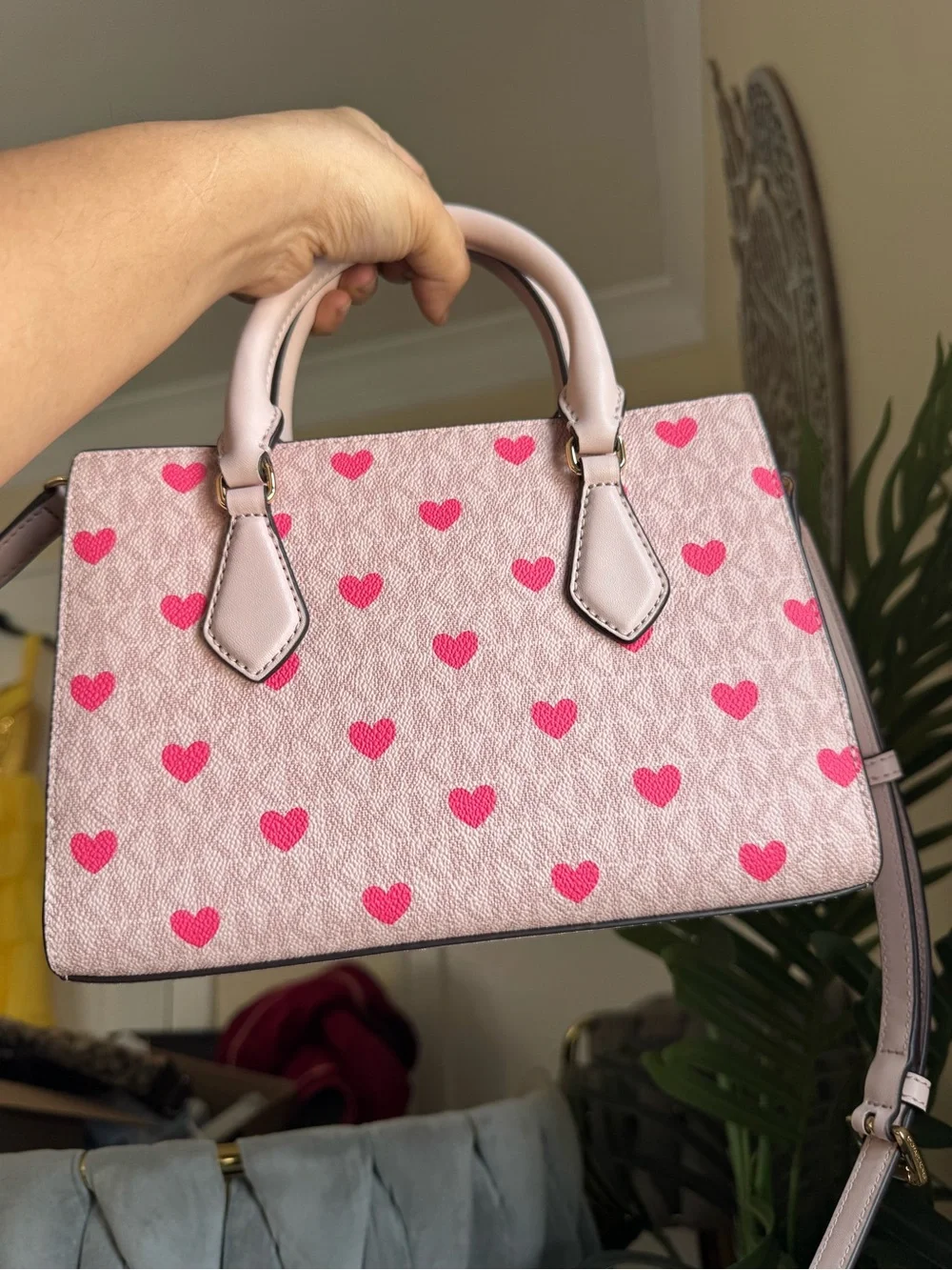 Michael Kors Pink Heart-Print Satchel with Gold MK Charm