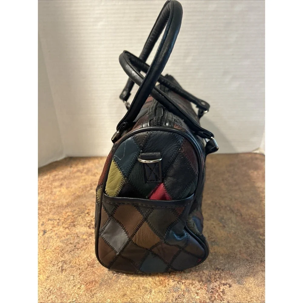 Vintage Patchwork Color Block Diamond Pattern Leather Handbag Purse