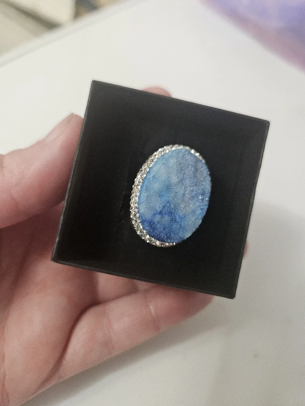 Blue Apatite Adjustable Druzy Gold Tone Cuff Ring Surrounded In CZ!