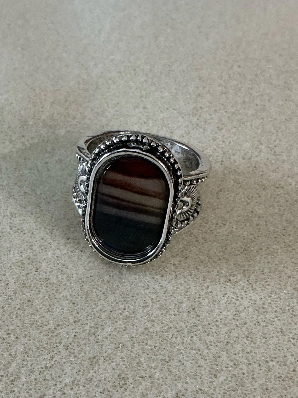 Vintage-Style Silver Ring with Striped Agate Stone, size 9