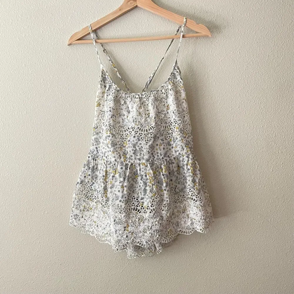 Free People Floral Babydoll Eyelet Tank Top Cottage Boho Soft Girl | Size S