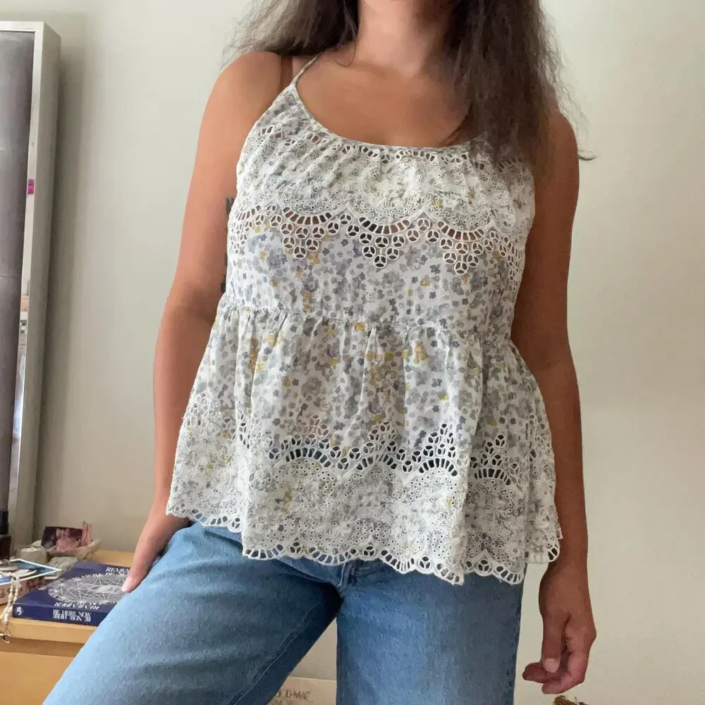 Free People Floral Babydoll Eyelet Tank Top Cottage Boho Soft Girl | Size S