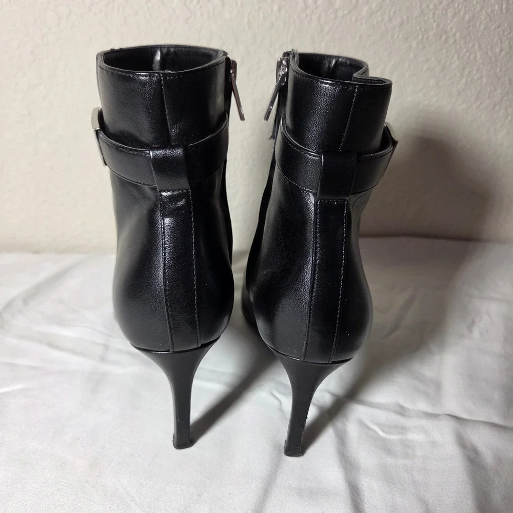 Calvin Klein Black Leather Pointed Toe Ankle Boots Silver Logo Hardware W9.5M