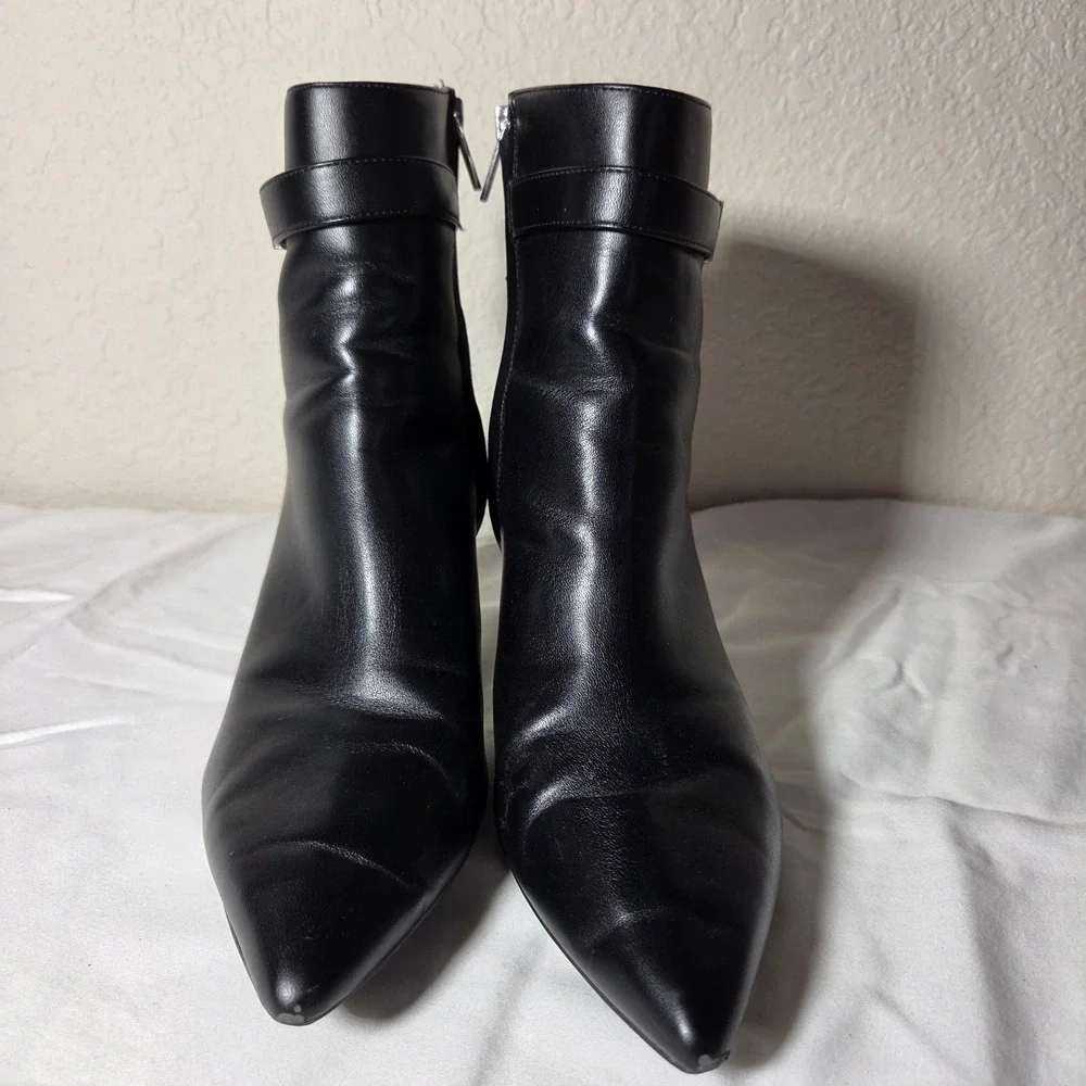 Calvin Klein Black Leather Pointed Toe Ankle Boots Silver Logo Hardware W9.5M