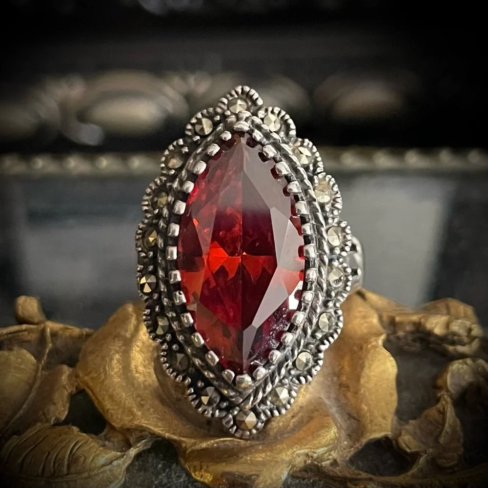 Vintage Amber Glass and Marcasite Marquis sterling silver ring