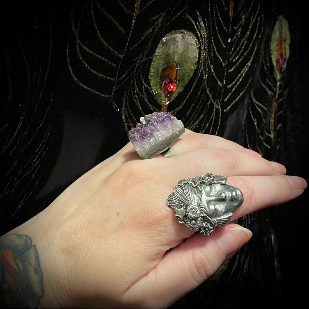 Natural Chunky Amethyst Druzy Crystal Silver Ring adjustable 925