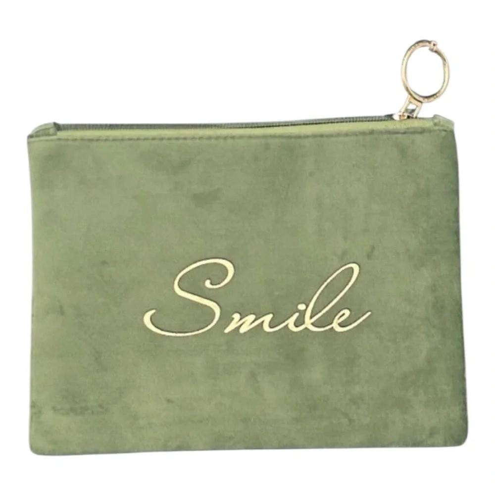 Anthropologie Green Velvet Smile Pouch Wristlet Clutch Bag NWOT