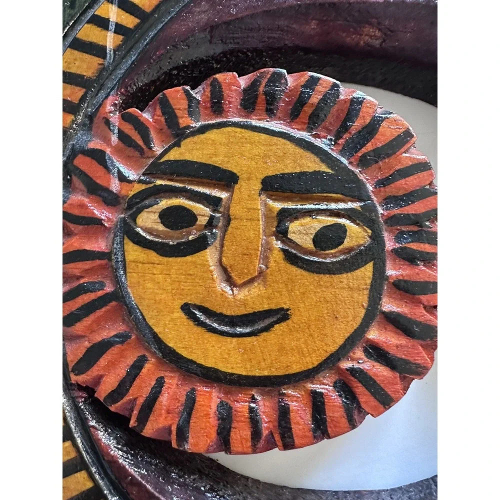 Hand Carved Celestial Sun Moon Wall Hanging Mexican Wood Folk Art Southwest Boho