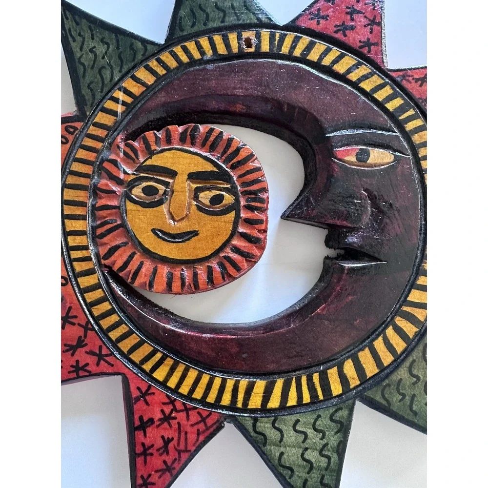 Hand Carved Celestial Sun Moon Wall Hanging Mexican Wood Folk Art Southwest Boho