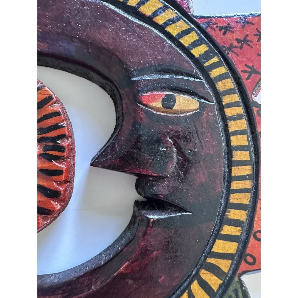 Hand Carved Celestial Sun Moon Wall Hanging Mexican Wood Folk Art Southwest Boho
