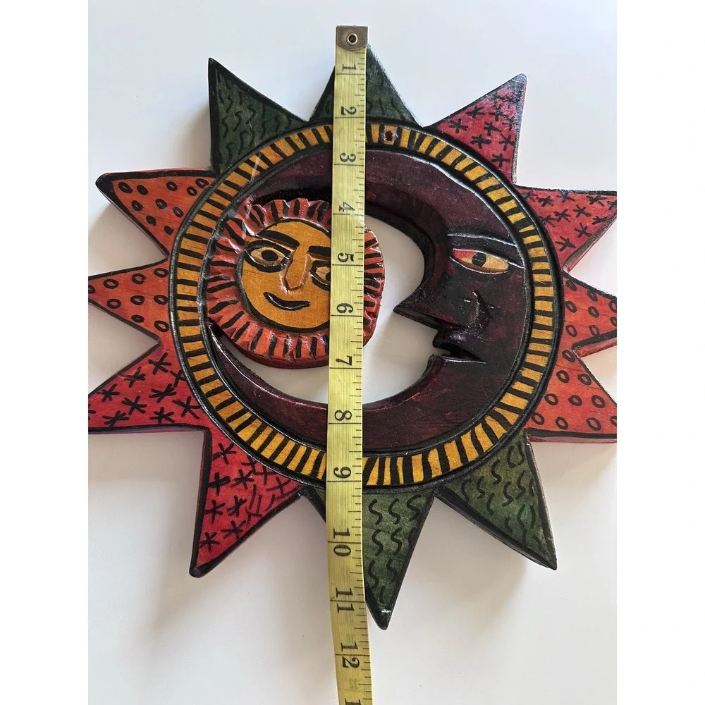 Hand Carved Celestial Sun Moon Wall Hanging Mexican Wood Folk Art Southwest Boho