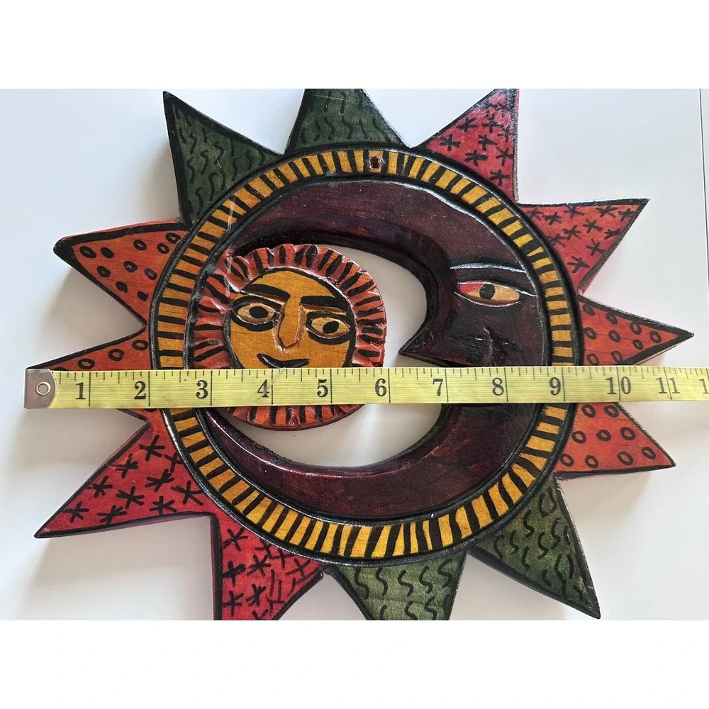 Hand Carved Celestial Sun Moon Wall Hanging Mexican Wood Folk Art Southwest Boho
