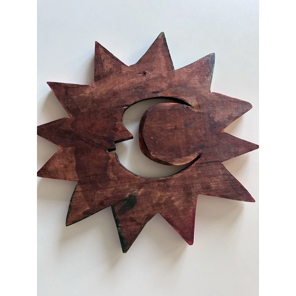 Hand Carved Celestial Sun Moon Wall Hanging Mexican Wood Folk Art Southwest Boho