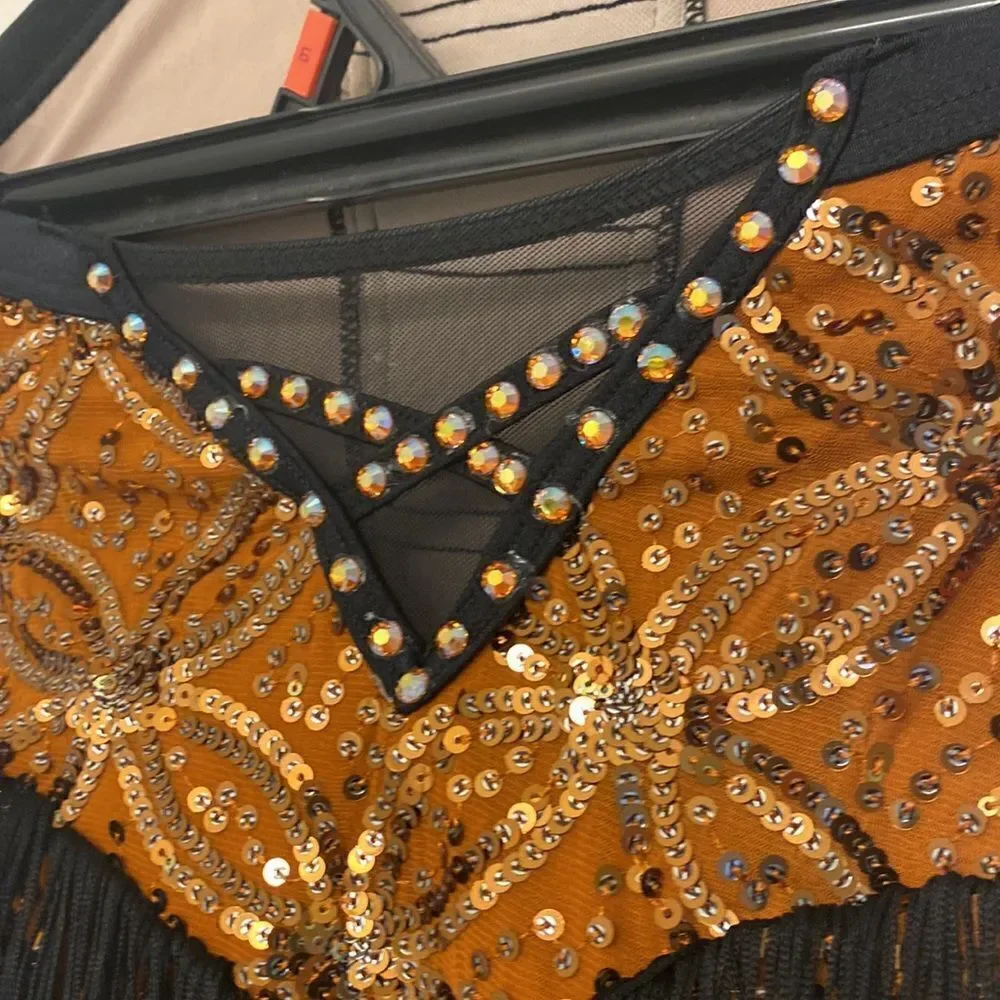 Weissman dance costume Orange sequin fringe flapper Clap Clap D12551 IC 7/8