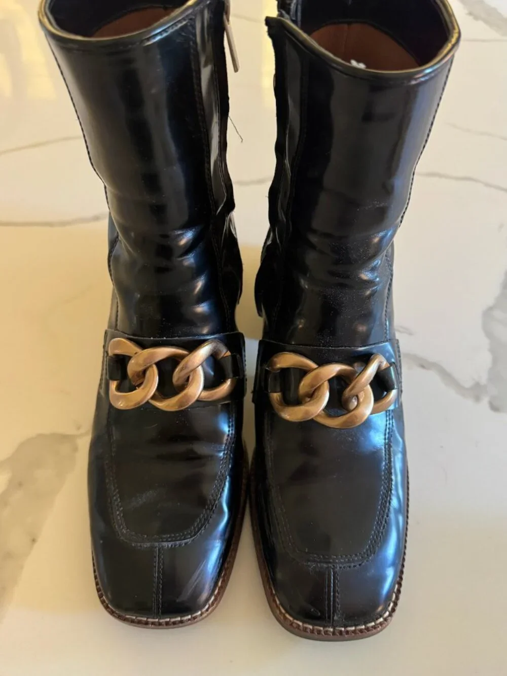 Steve Madden Loreen Black Boots with Gold Chain Detail, Size 8