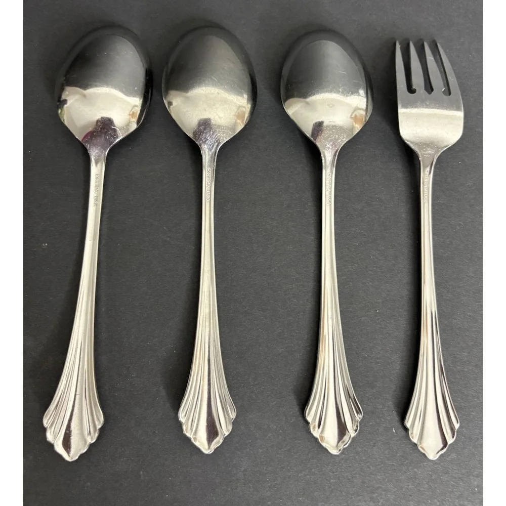 Oneida Bancroft 3 Oval Soup Spoons and 1 Salad Fork Stainless Steel Flatware