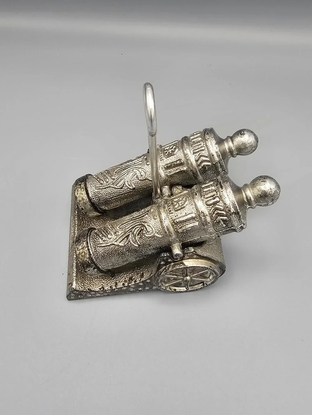 Vintage Metal Cannon Salt and Pepper Shakers with Holder