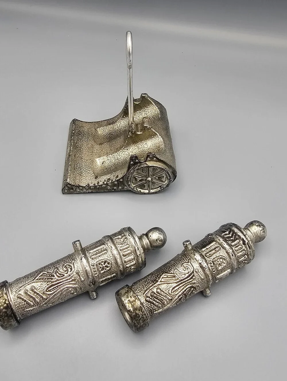 Vintage Metal Cannon Salt and Pepper Shakers with Holder